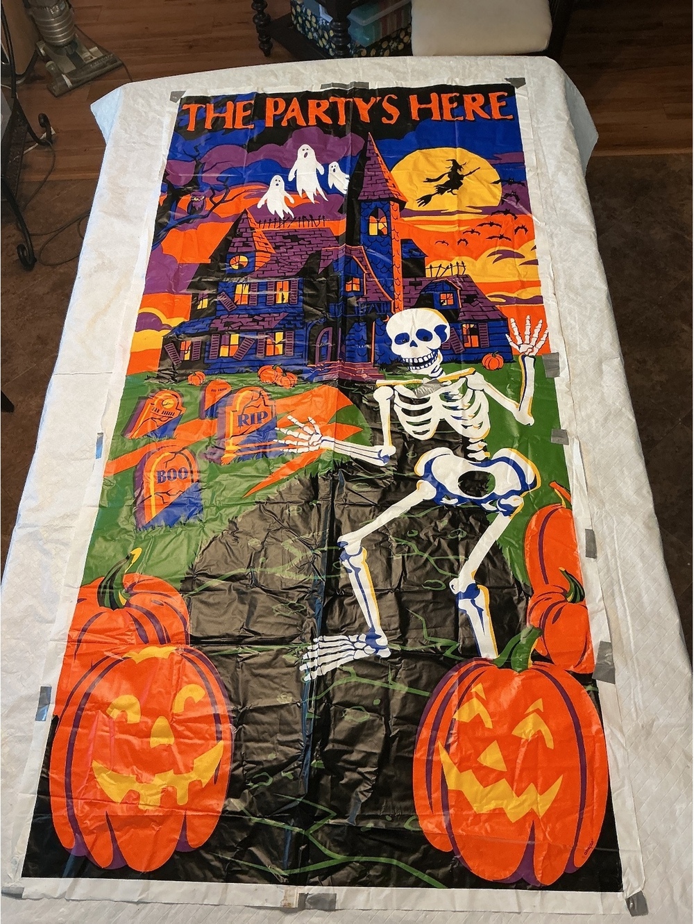 Vintage 90s Amscan Halloween Plastic Door Banner Skeleton Ghosts Haunted House